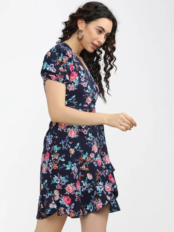 Tokyo Talkies Women Navy Blue Printed Fit and Flare Dress