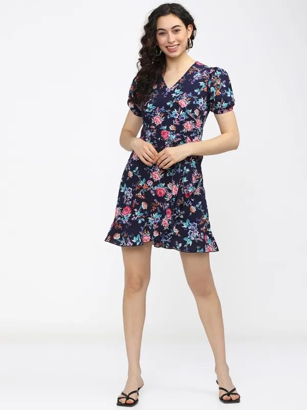 Tokyo Talkies Women Navy Blue Printed Fit and Flare Dress