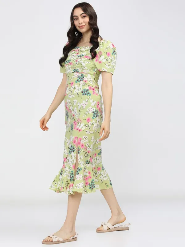 Tokyo Talkies Women Green Printed Fit and Flare Dress