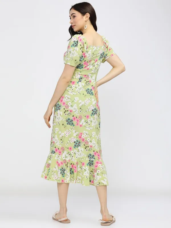Tokyo Talkies Women Green Printed Fit and Flare Dress