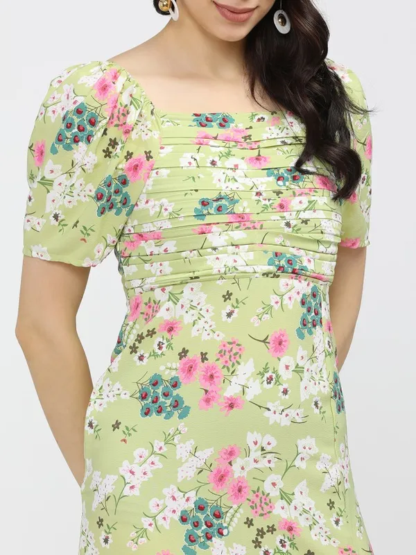 Tokyo Talkies Women Green Printed Fit and Flare Dress