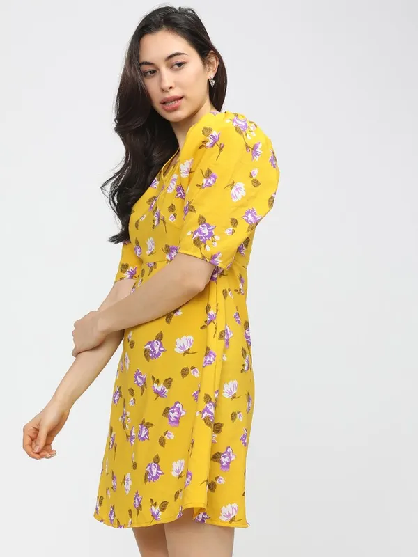 Tokyo Talkies Women Yellow Printed Fit and Flare Dress