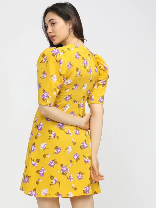 Tokyo Talkies Women Yellow Printed Fit and Flare Dress