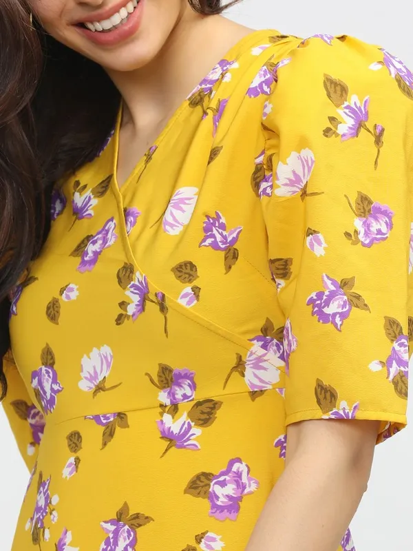 Tokyo Talkies Women Yellow Printed Fit and Flare Dress