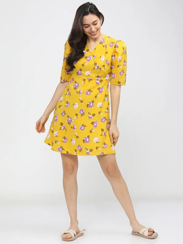 Tokyo Talkies Women Yellow Printed Fit and Flare Dress