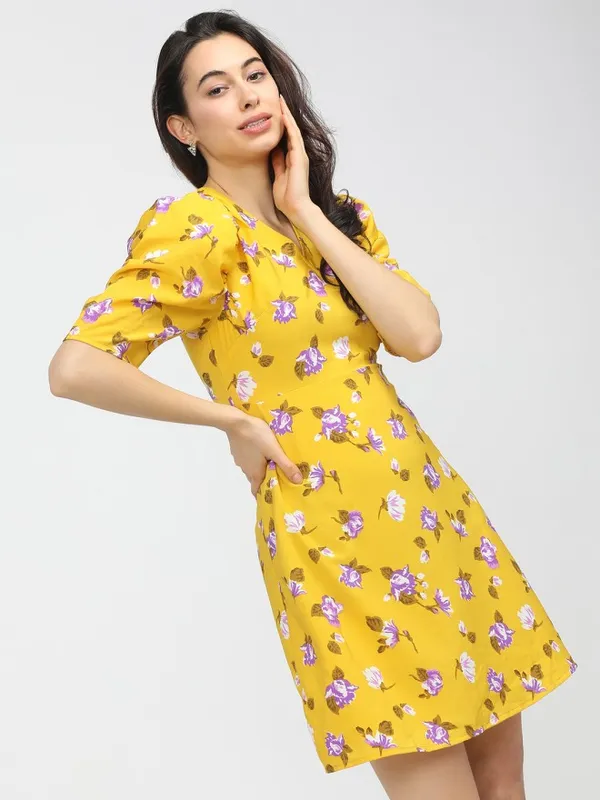 Tokyo Talkies Women Yellow Printed Fit and Flare Dress