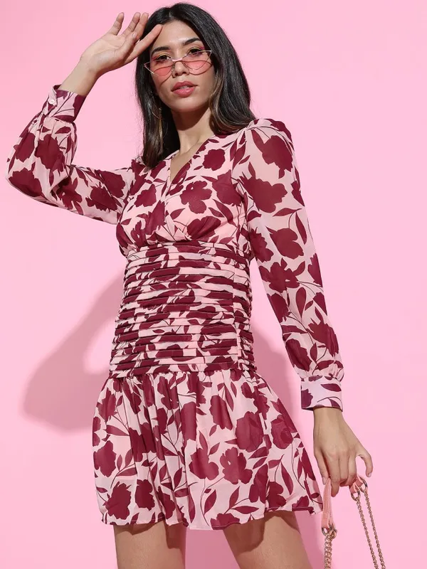 Tokyo Talkies Women Pink Printed Fit and Flare Dress
