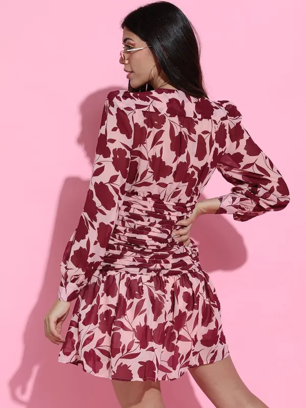Tokyo Talkies Women Pink Printed Fit and Flare Dress
