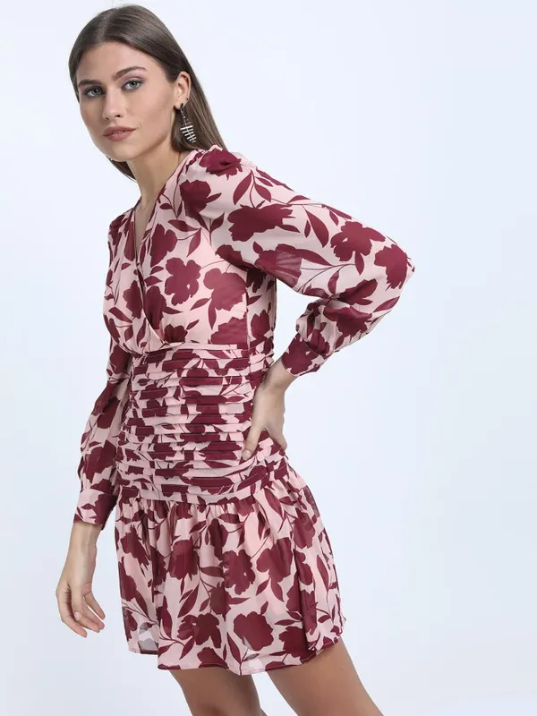 Tokyo Talkies Women Pink Printed Fit and Flare Dress