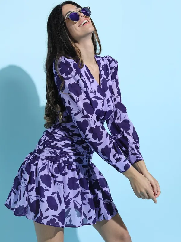 Tokyo Talkies Women Purple Printed Fit and Flare Dress