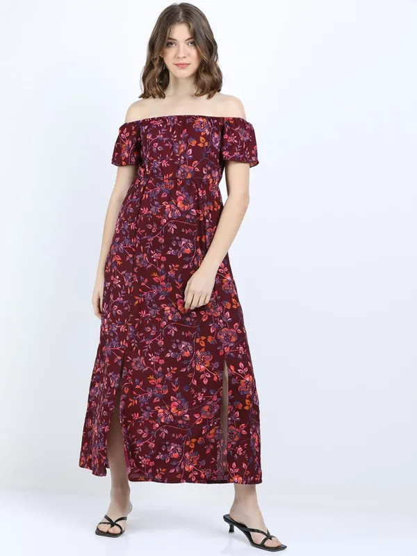 Tokyo Talkies Women Maroon Printed Maxi Dress