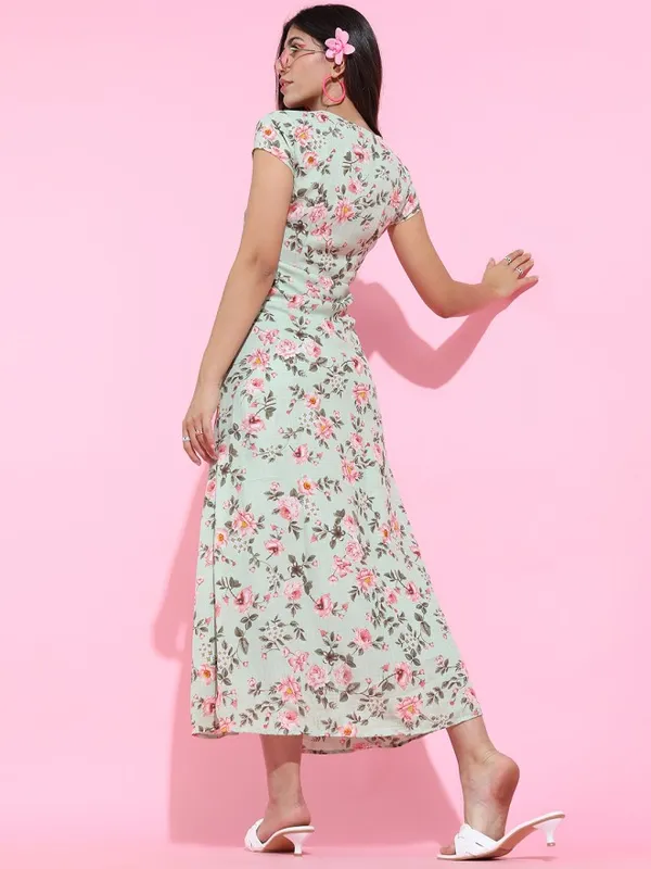Tokyo Talkies Women Green Printed A-Line Dress