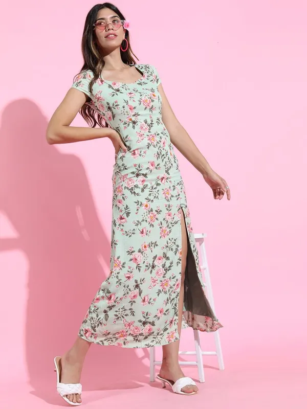 Tokyo Talkies Women Green Printed A-Line Dress