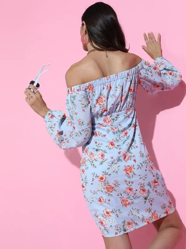 Tokyo Talkies Women Blue Printed Fit and Flare Dress