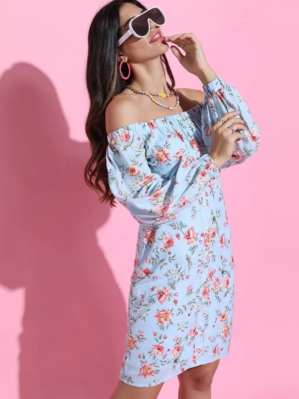 Tokyo Talkies Women Blue Printed Fit and Flare Dress