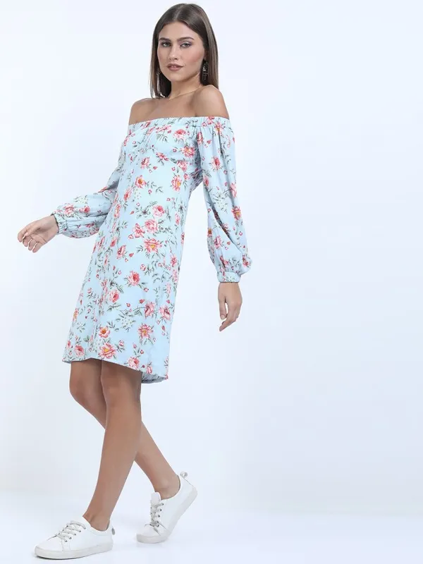 Tokyo Talkies Women Blue Printed Fit and Flare Dress