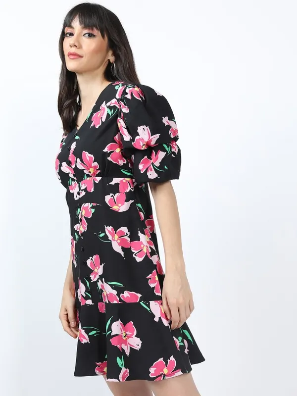 Tokyo Talkies Women Black Printed Peplum Dress