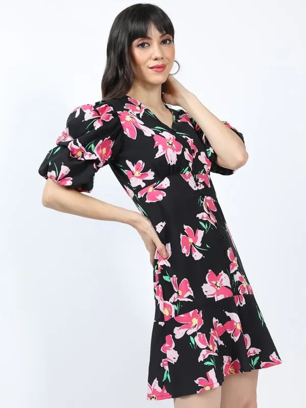 Tokyo Talkies Women Black Printed Peplum Dress