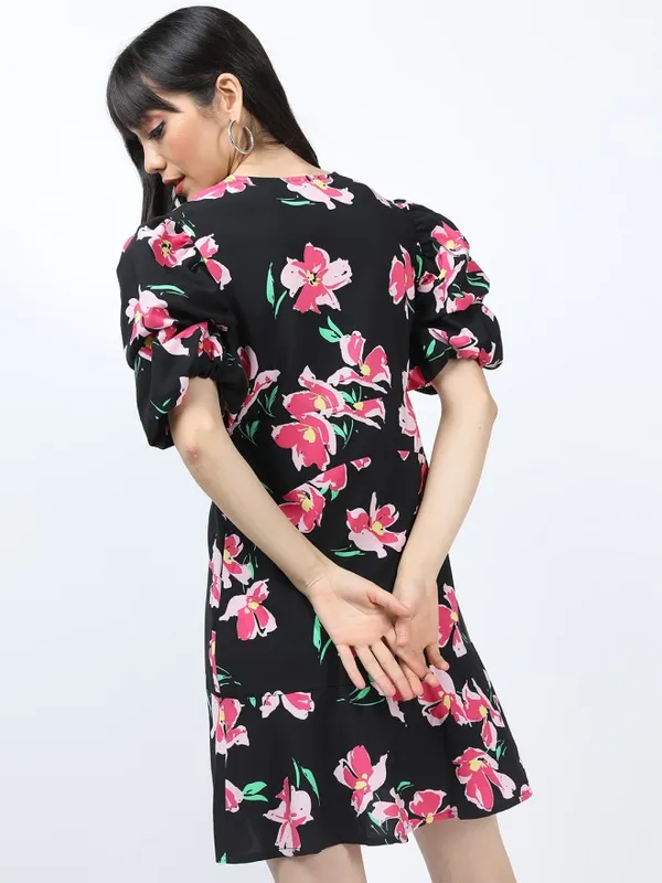 Tokyo Talkies Women Black Printed Peplum Dress