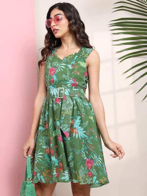Tokyo Talkies Women Green Printed Fit and Flare Dress