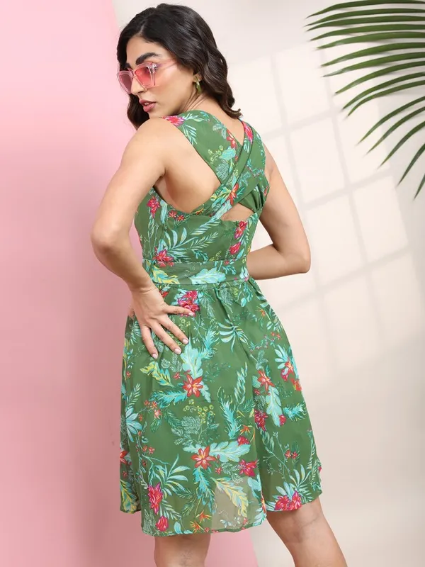 Tokyo Talkies Women Green Printed Fit and Flare Dress