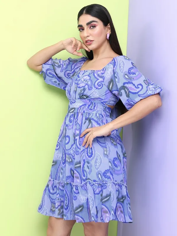 Tokyo Talkies Women Blue Printed A-Line Dress