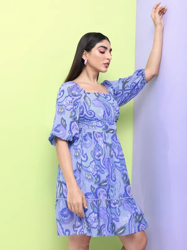 Tokyo Talkies Women Blue Printed A-Line Dress