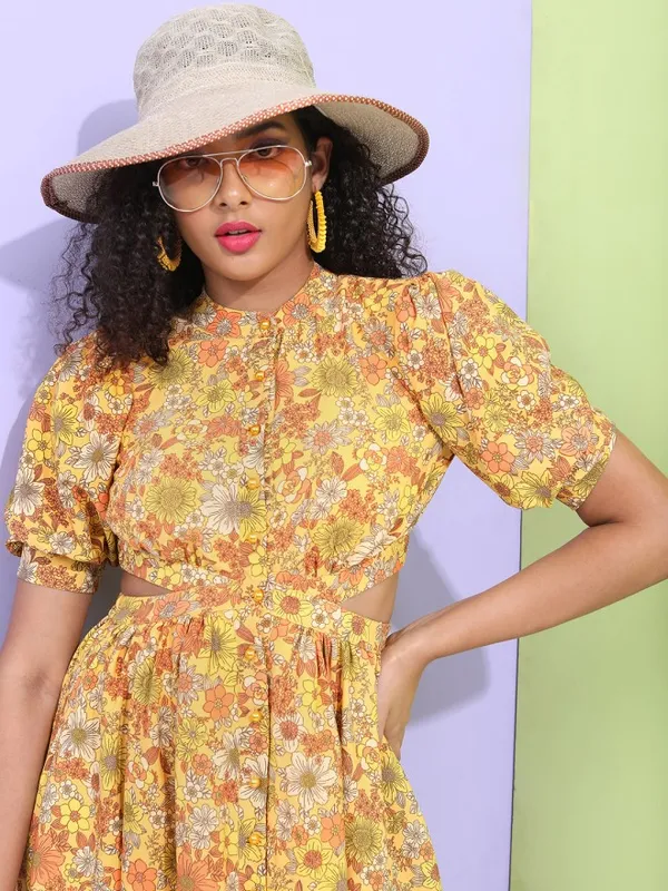 Tokyo Talkies Women Mustard Printed Fit and Flare Dress