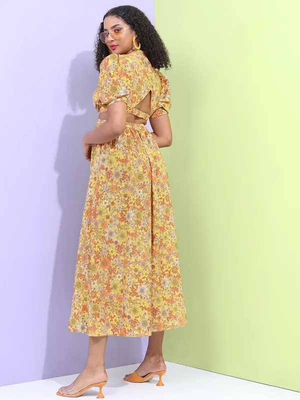 Tokyo Talkies Women Mustard Printed Fit and Flare Dress