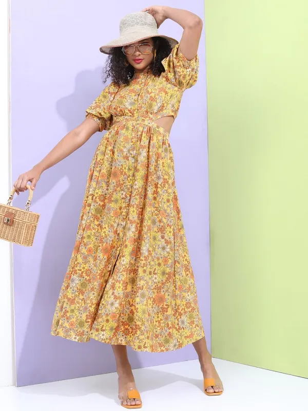 Tokyo Talkies Women Mustard Printed Fit and Flare Dress