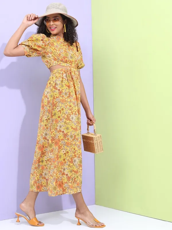 Tokyo Talkies Women Mustard Printed Fit and Flare Dress