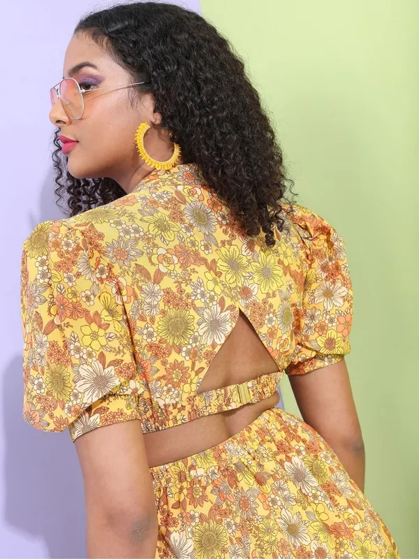 Tokyo Talkies Women Mustard Printed Fit and Flare Dress