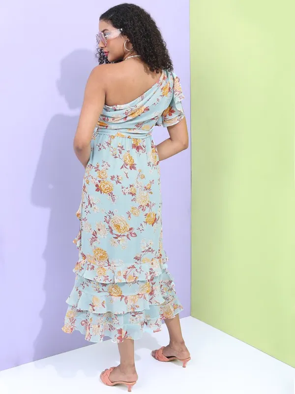 Tokyo Talkies Women Teal Printed Fit and Flare Dress