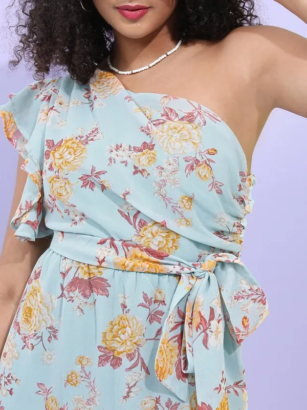 Tokyo Talkies Women Teal Printed Fit and Flare Dress