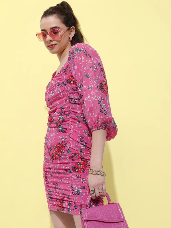 Tokyo Talkies Women Pink Printed Fit and Flare Dress