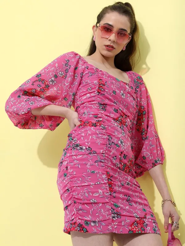 Tokyo Talkies Women Pink Printed Fit and Flare Dress