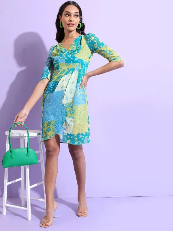 Tokyo Talkies Women Green Printed Wrap Dress