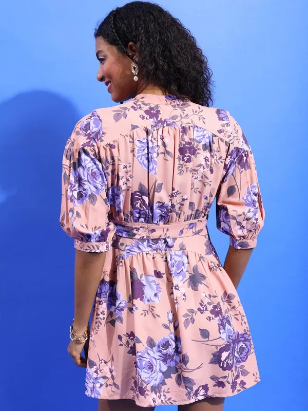 Tokyo Talkies Women Peach Printed Fit and Flare Dress