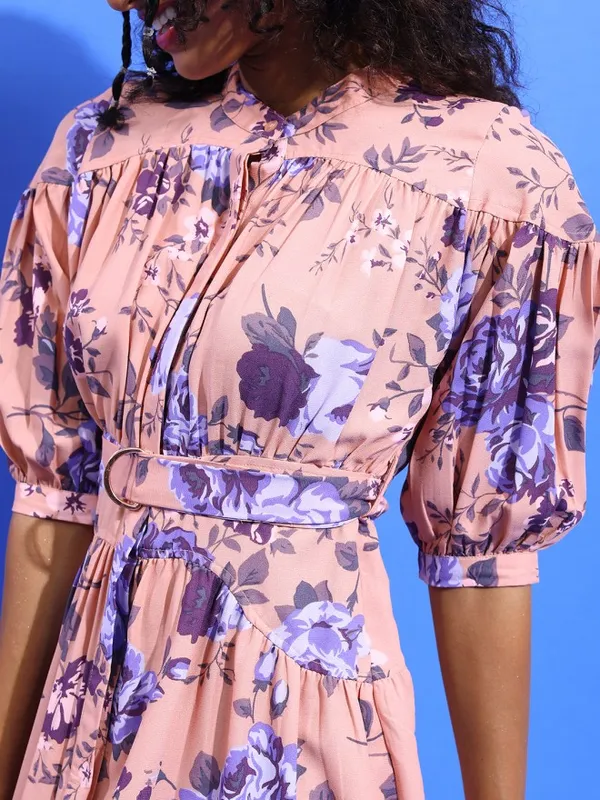 Tokyo Talkies Women Peach Printed Fit and Flare Dress