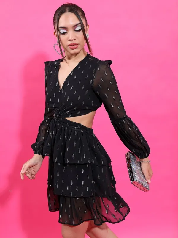 Tokyo Talkies Women Black Printed Fit and Flare Dress