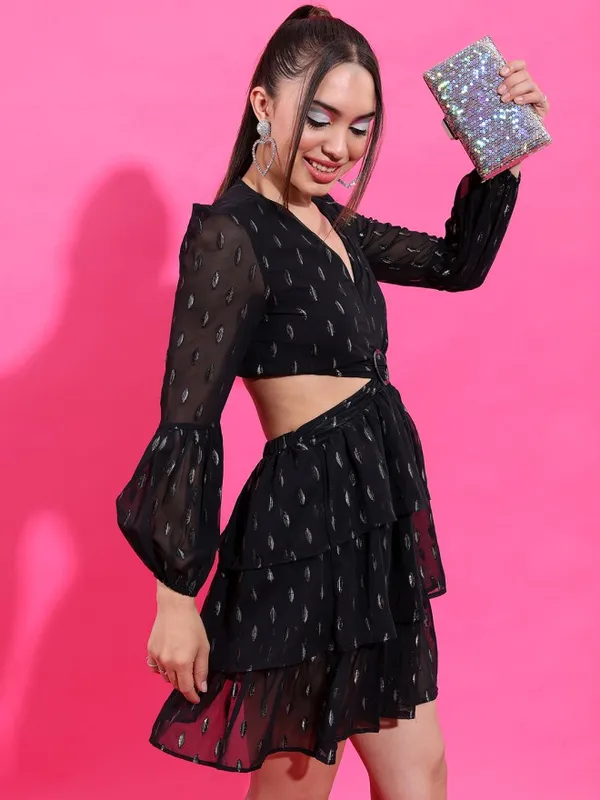 Tokyo Talkies Women Black Printed Fit and Flare Dress