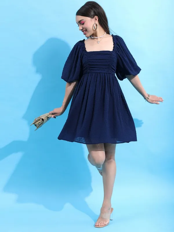 Tokyo Talkies Women Navy Blue Self Design Fit and Flare Dress