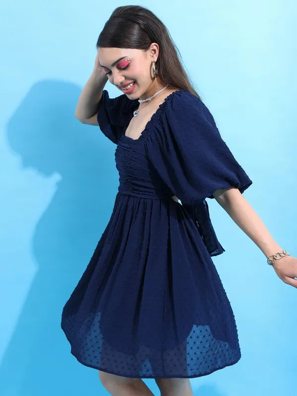 Tokyo Talkies Women Navy Blue Self Design Fit and Flare Dress