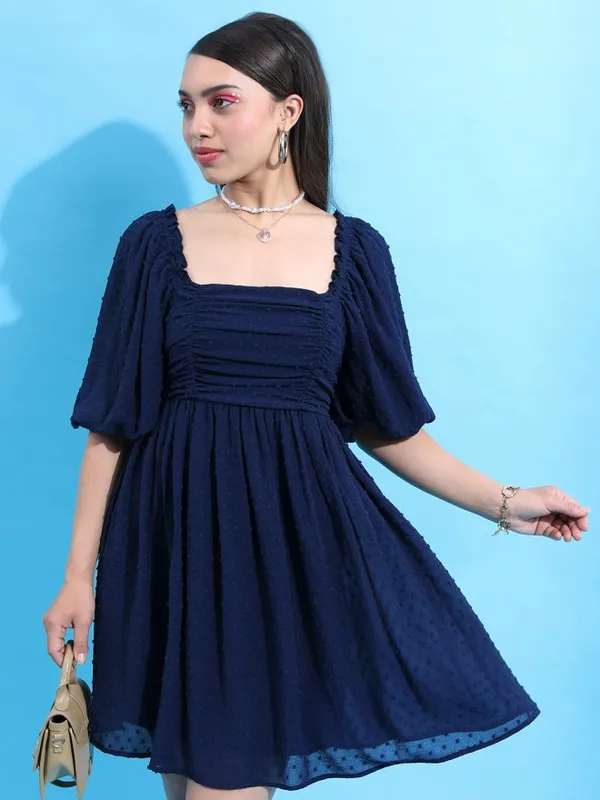 Tokyo Talkies Women Navy Blue Self Design Fit and Flare Dress