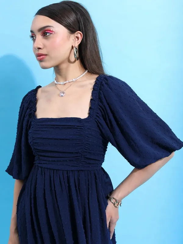 Tokyo Talkies Women Navy Blue Self Design Fit and Flare Dress