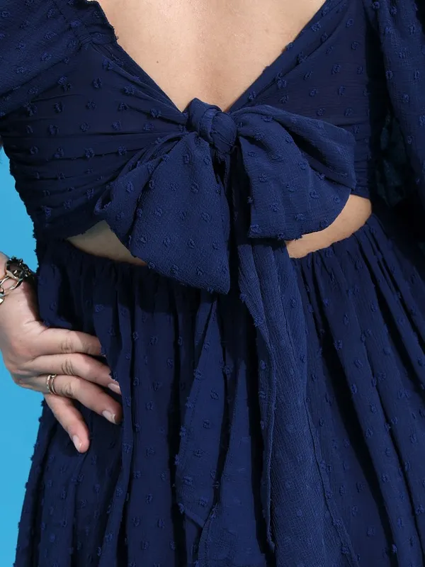 Tokyo Talkies Women Navy Blue Self Design Fit and Flare Dress