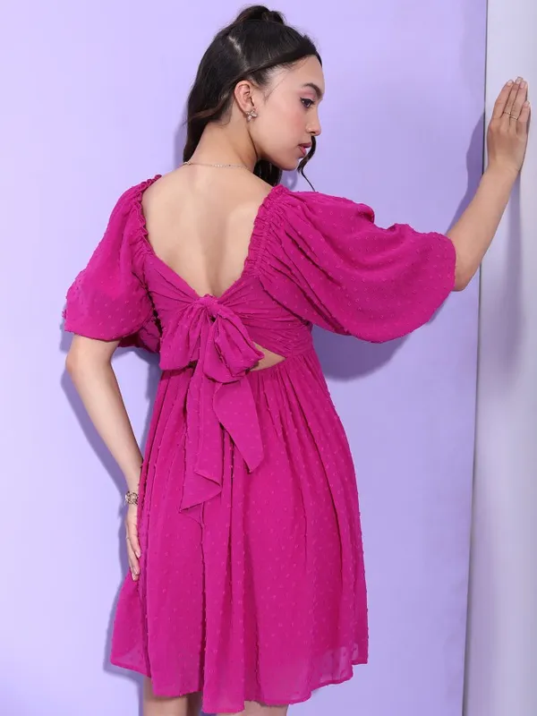 Tokyo Talkies Women Fuchsia Self Design Fit and Flare Dress