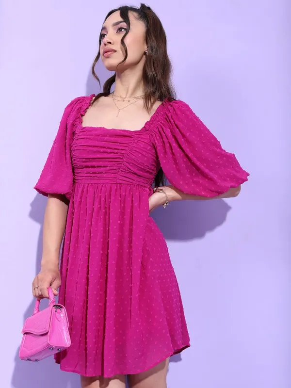 Tokyo Talkies Women Fuchsia Self Design Fit and Flare Dress