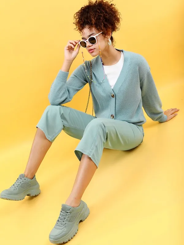 Tokyo Talkies Women Blue Lapel Collar Sweaters