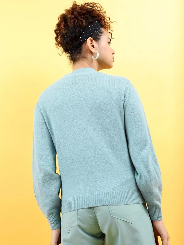Tokyo Talkies Women Blue Lapel Collar Sweaters
